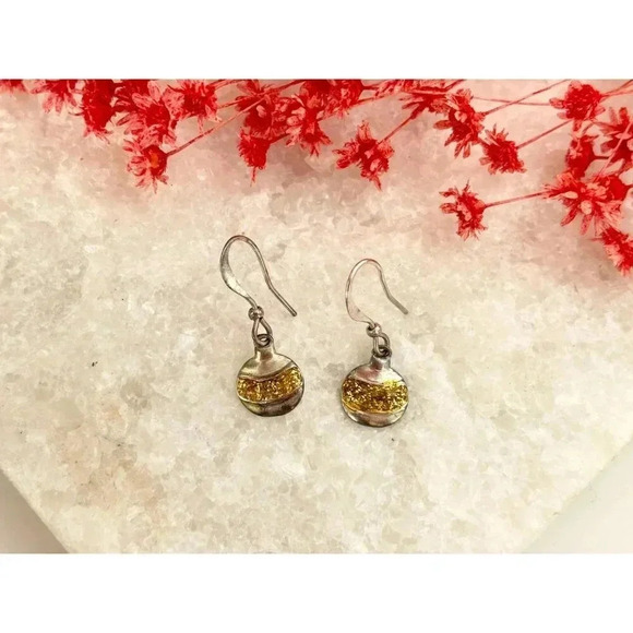 Silver Toned Gold Glitter Adorned Vintage Ornament Shaped Dangle Earrings - Picture 3 of 7